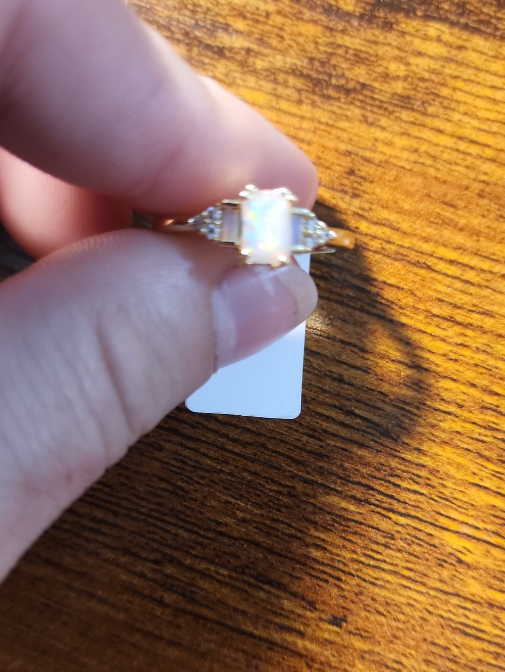 Stylish Elegant Square Pink-White Synthetic Opal Ring Bridal Engagement Wedding
